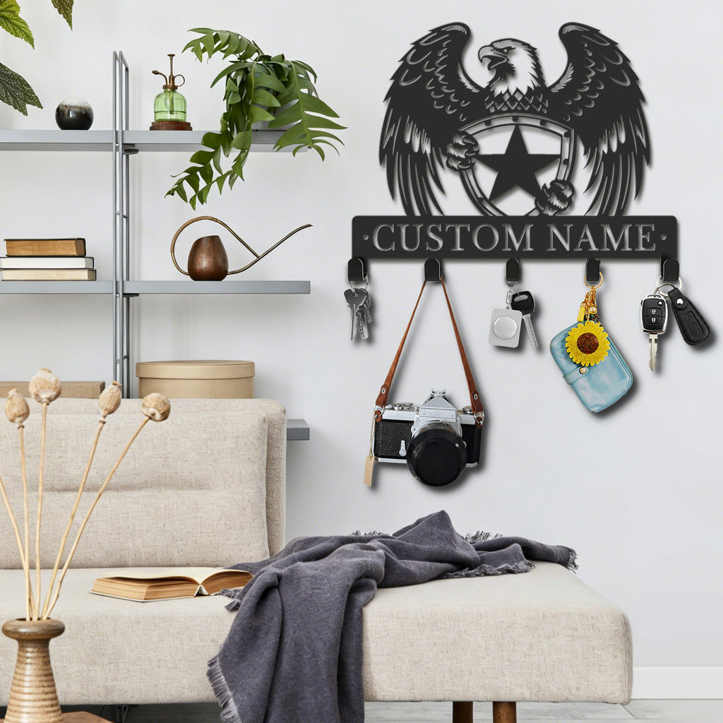 Personalized Bald Eagle Metal Key Holder – Custom Name Wall Organizer