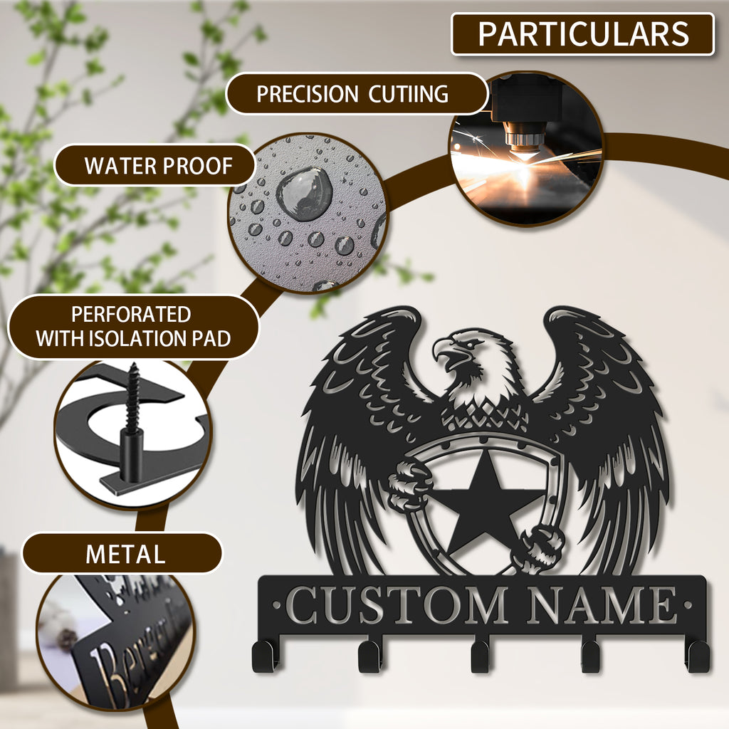 Personalized Bald Eagle Metal Key Holder – Custom Name Wall Organizer