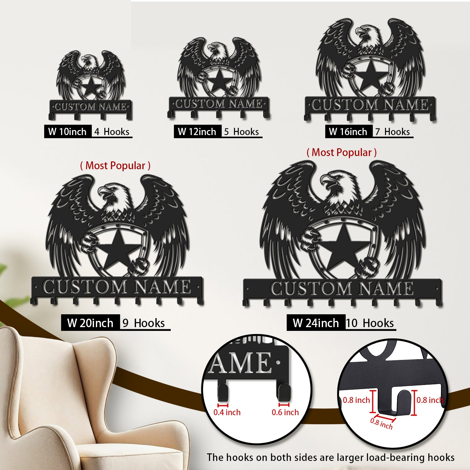 Personalized Bald Eagle Metal Key Holder – Custom Name Wall Organizer